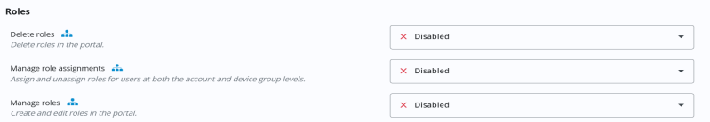 Roles permissions. It includes three permissions: Delete roles, Manage role assignments and Manage roles. Each permission has a brief description and is marked with a blue account-level icon. All are currently set to Disabled, indicated by red "X" icons and drop-down menus.